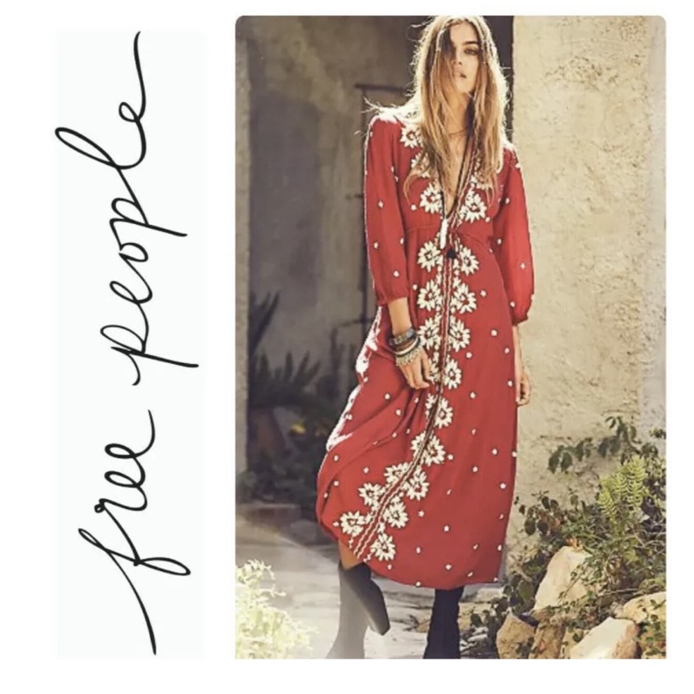 Free People Embroidered Fable Midi Dress XS Rock N' Roll Red Combo